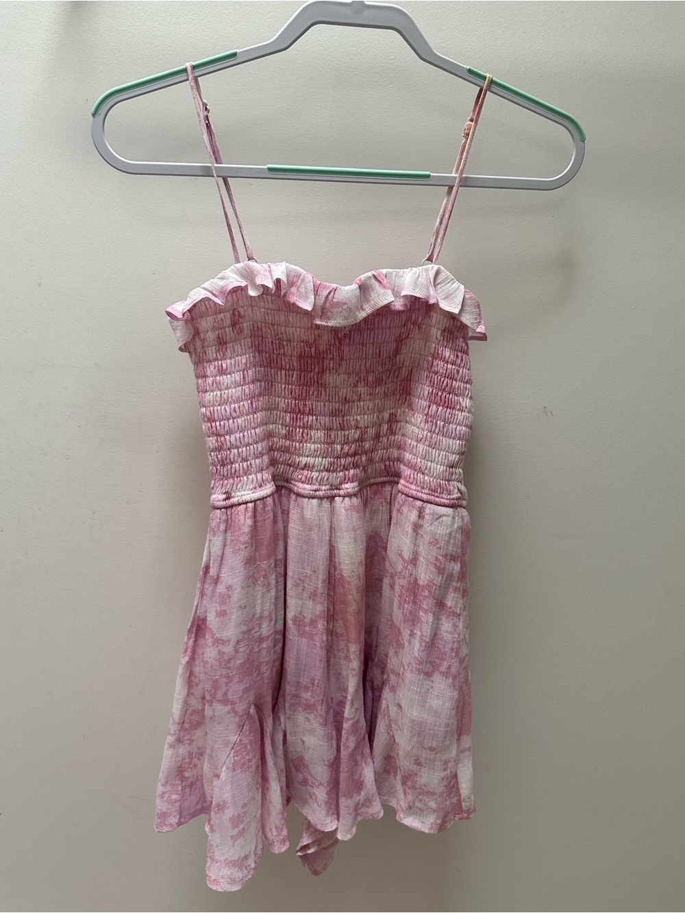 Trixxi Pink and White Tie-Dye Smocked Ruffle Romper